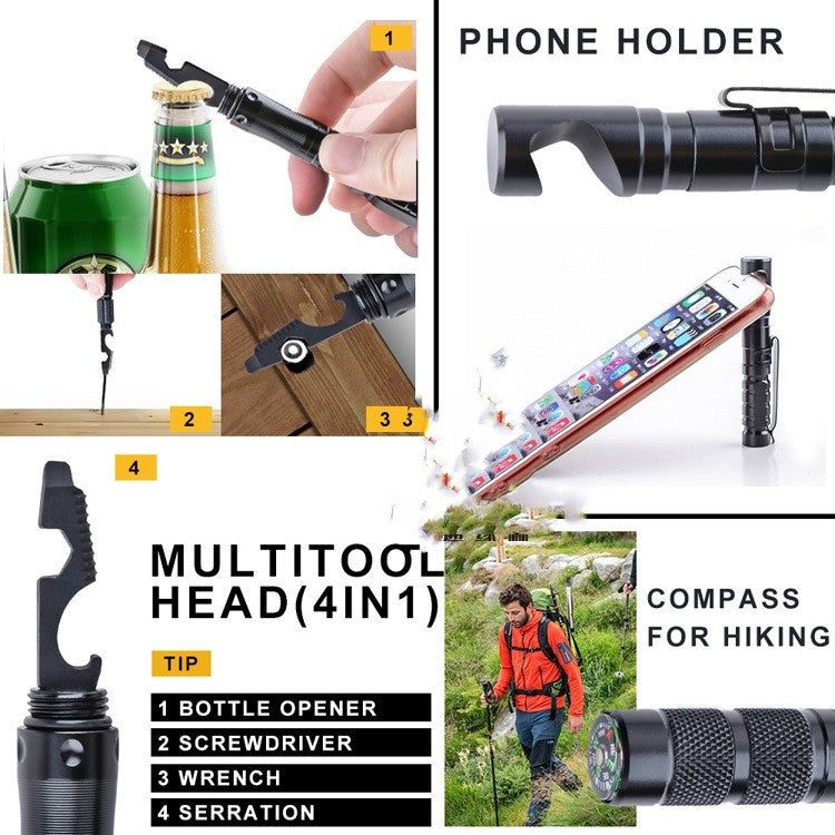 Multitool head with bottle opener, phone holder, and compass features for hiking and outdoor use.