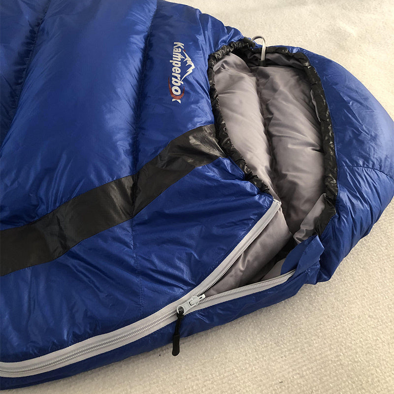 Kamperbox duck down sleeping bag with compression sack, -3 to -7 degrees, durable blue 380T nylon shell for cold-weather camping.