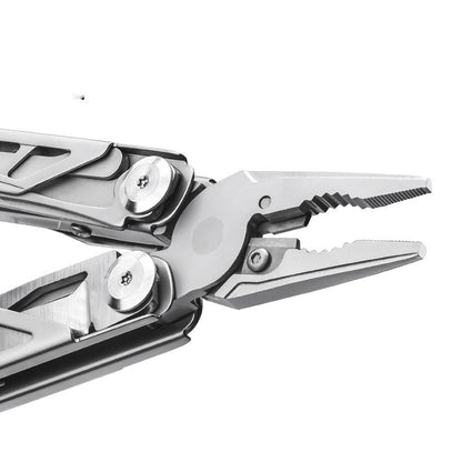 Close-up of 11 in 1 Folding Stainless Steel Saber multitool pliers with non-slip grip and durable construction for outdoor adventures.