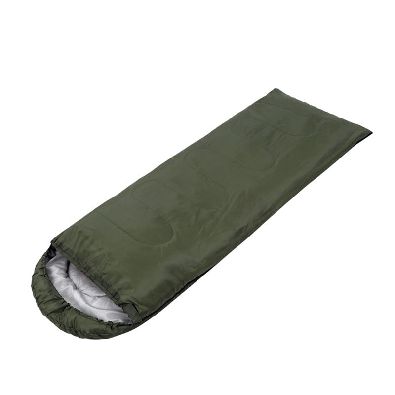 Light portable sleeping bag with cap, waterproof, green polyester fabric, hollow cotton filling, 180x75cm, perfect for 5℃-15℃ temperatures