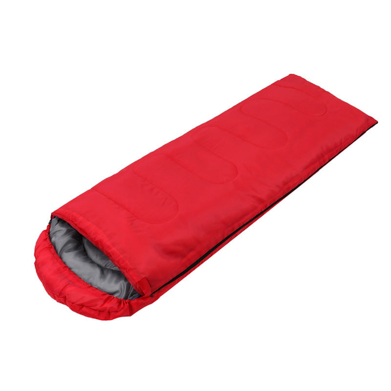 Light, waterproof portable sleeping bag with adjustable cap and Velcro, made from polyester fabric and hollow cotton filling for comfort and warmth.