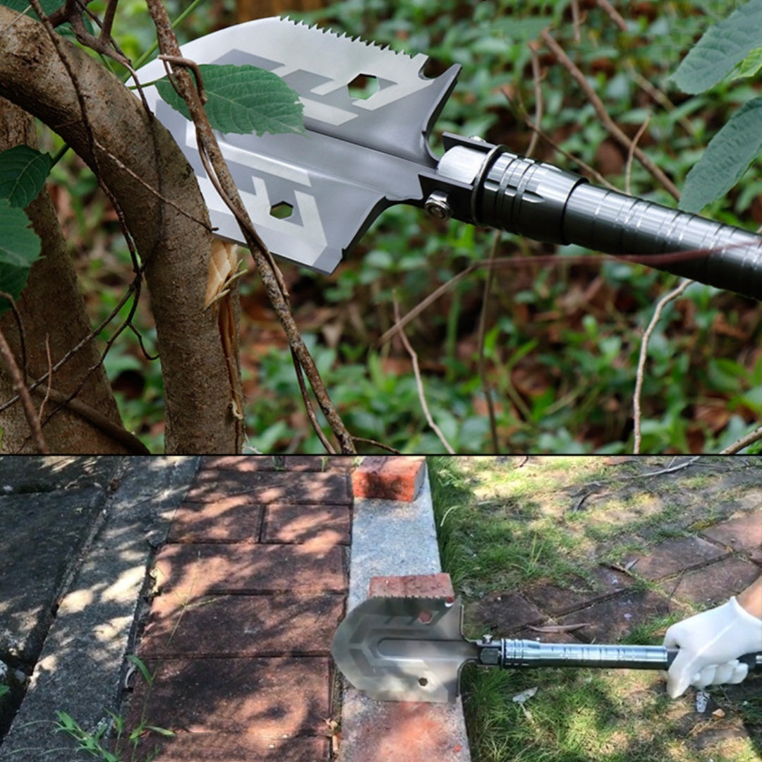 tactical shovel cutting tree and breaking brick