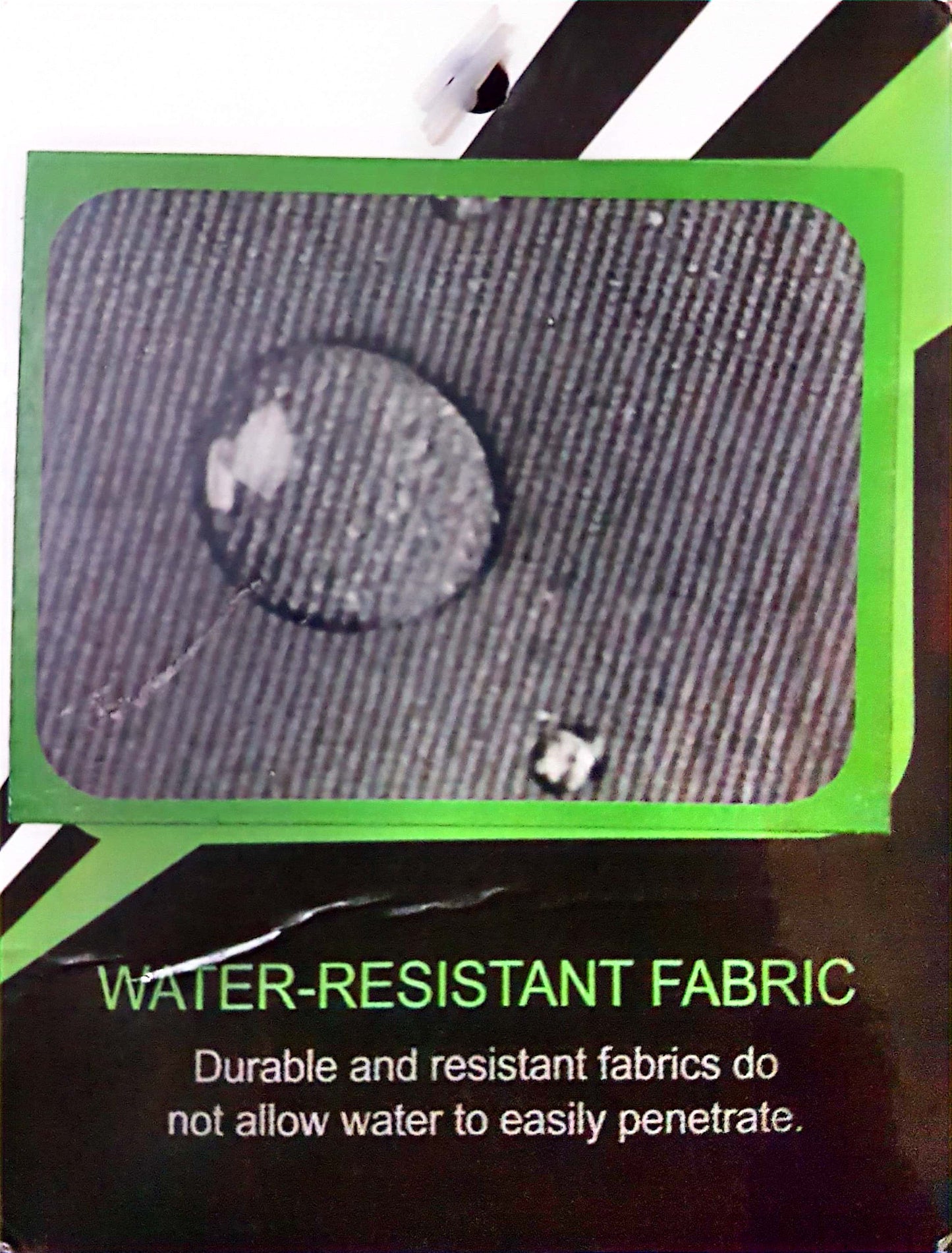 Water-resistant fabric with water droplet showcasing durability and water protection.