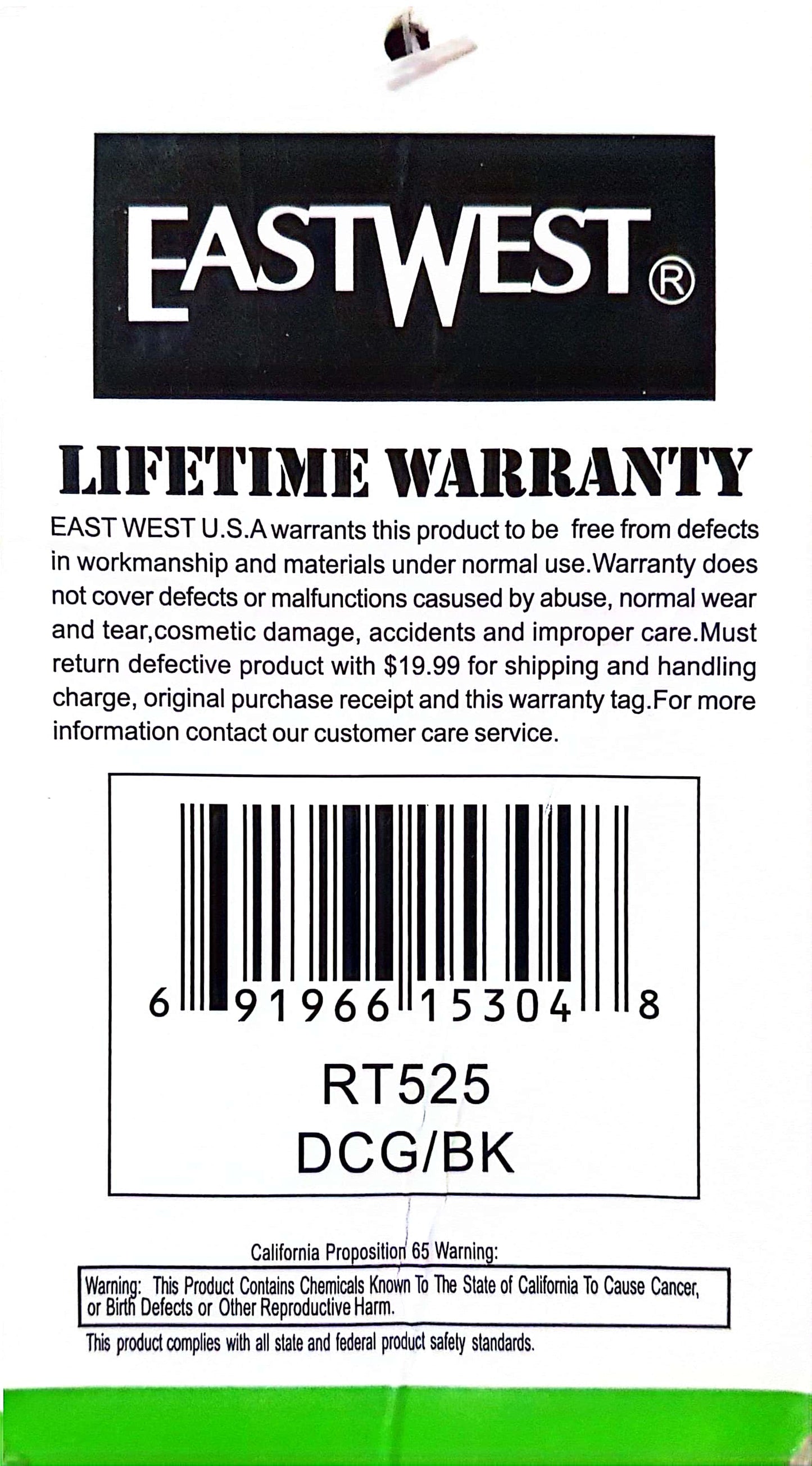 EastWest U.S.A RT525 travel bag lifetime warranty card with barcode and product details.