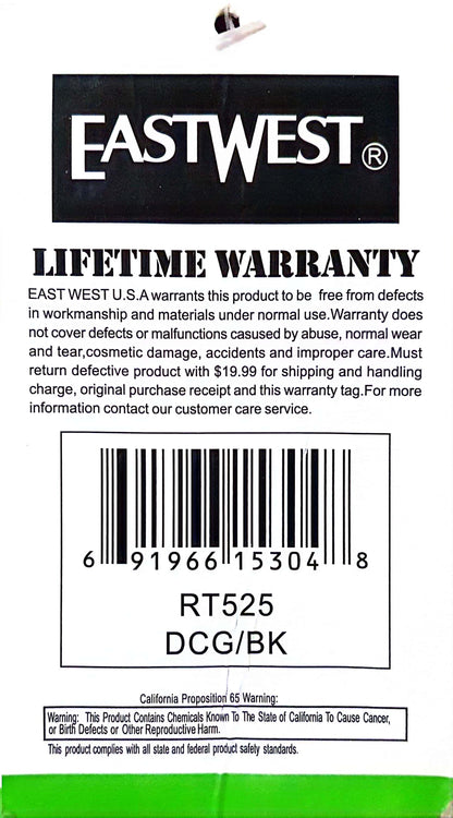 EastWest U.S.A RT525 travel bag lifetime warranty card with barcode and product details.