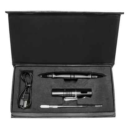 "3 In 1 Multifunctional Tactical Pen with USB charging, glass breaker tip, and pen core in black gift box."