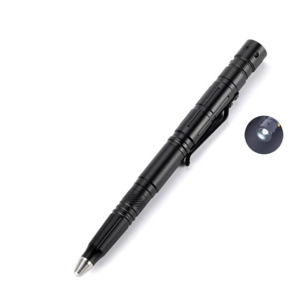 Multifunctional EDC tactical pen with LED light, aluminum alloy body, and built-in battery for versatile everyday carry use.