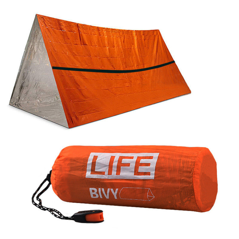 Ultra Light Emergency Single Layer Tent in bright orange with a convenient carry bag.