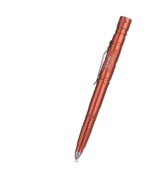 Red multifunctional EDC tactical pen made of aluminum alloy with LED light and blade features, ideal for outdoor activities.