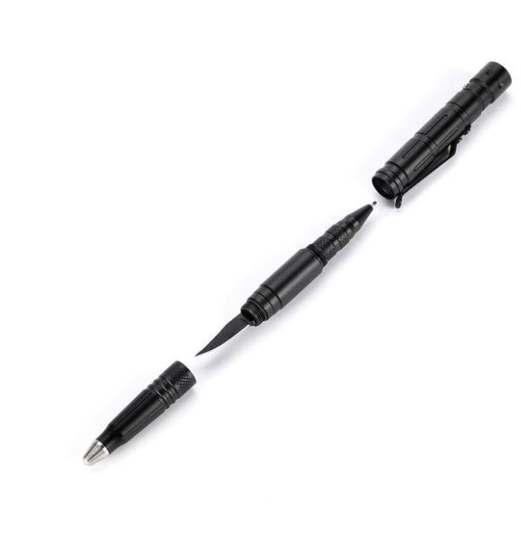 Multifunctional EDC tactical pen with LED and blade, made from aluminum alloy, showcasing its components and sleek black design.