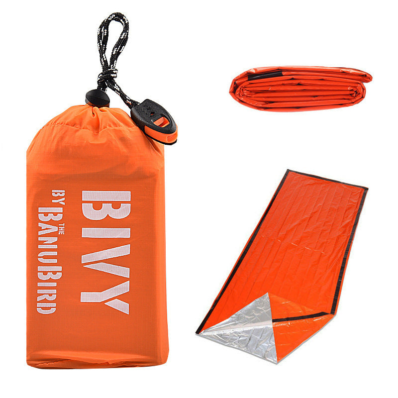 Ultra Light Emergency Single Layer Tent in orange bag with PE aluminum film, displayed folded and unfolded.