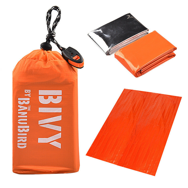 Ultra Light Emergency Single Layer Tent with Dual Sleeping Bags and Outer Bag in Orange and Silver