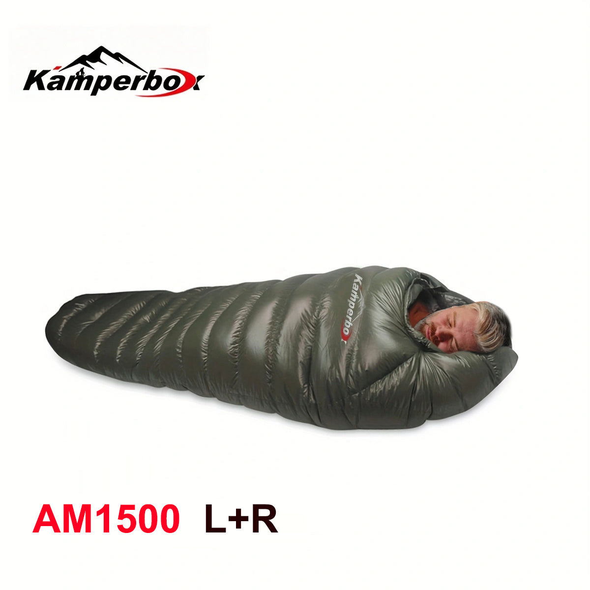 Kamperbox AM1500 Goose Down Sleeping Bag with left and right zipper, ideal for winter camping.