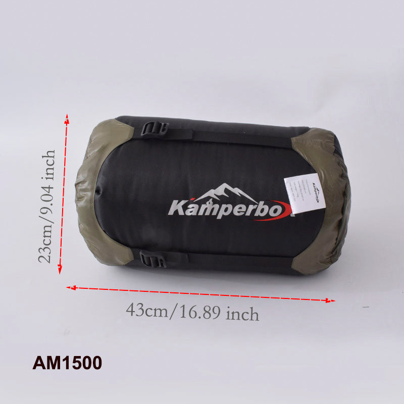 Kamperbox AM1500 Goose Down Sleeping Bag in compression sack with dimensions shown, ideal for cold weather camping.