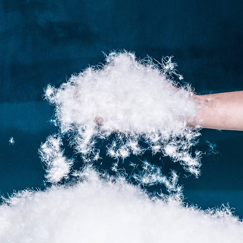 Hand holding soft white goose down feathers against a blue background, illustrating insulation for Kamperbox goose down sleeping bags.