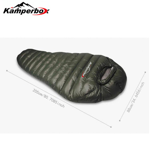 Kamperbox Goose Down Sleeping Bag with Compression Sack, 205cm, Waterproof Nylon, Ideal for Cold Weather Camping.