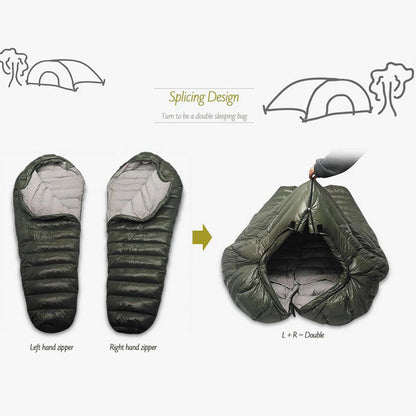 Goose down sleeping bag with left and right zippers, spliced into a double configuration, ideal for cold weather camping.