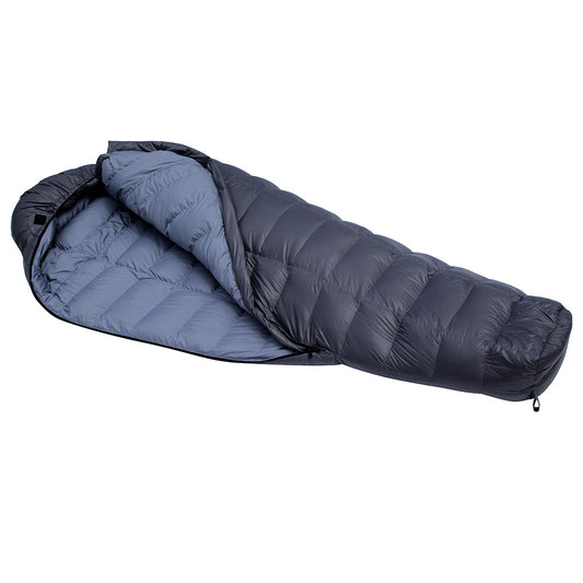 Goose down sleeping bag with compression sack, open view. Ideal for winter camping and extreme cold conditions.