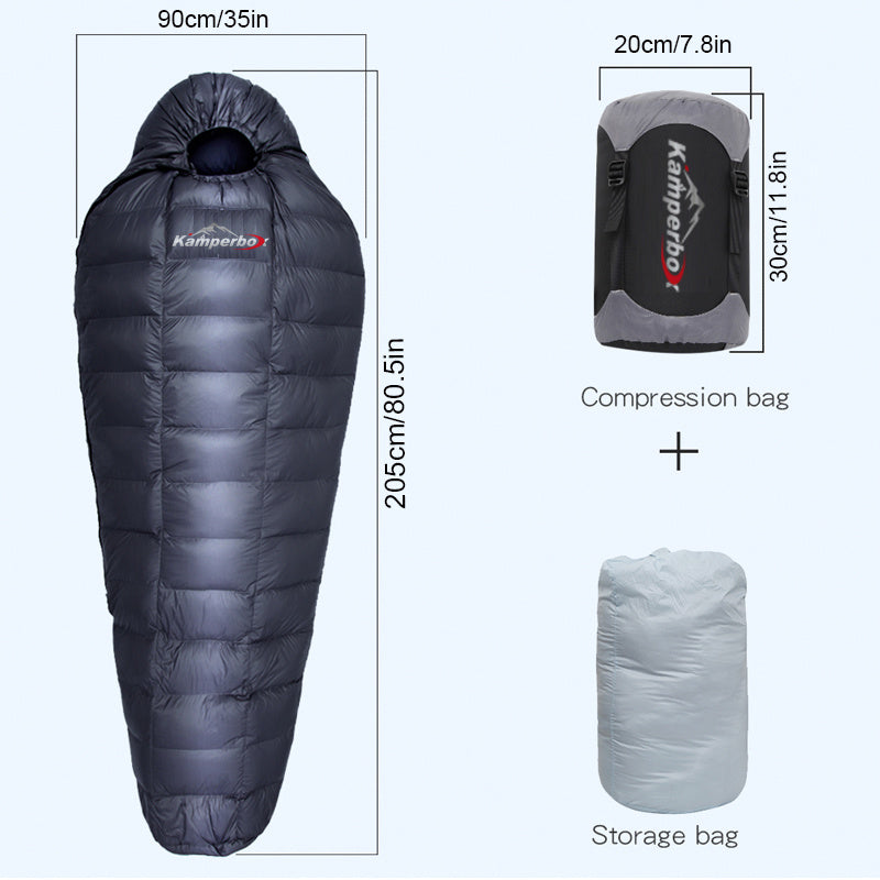 Kamperbox Goose Down Sleeping Bag with compression sack, dimensions 205x90cm, shown with storage and compression bags.