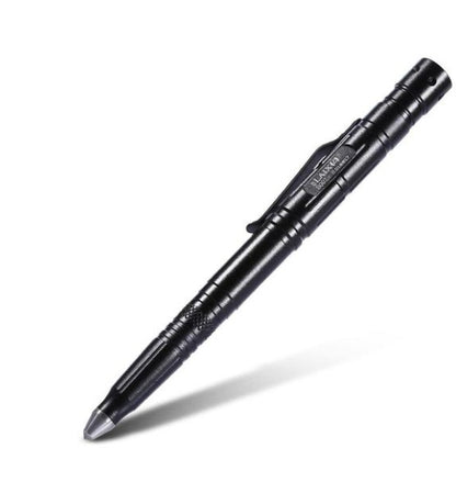 Multifunctional EDC tactical pen with LED and blade, aluminum alloy construction, battery powered, sleek black design.