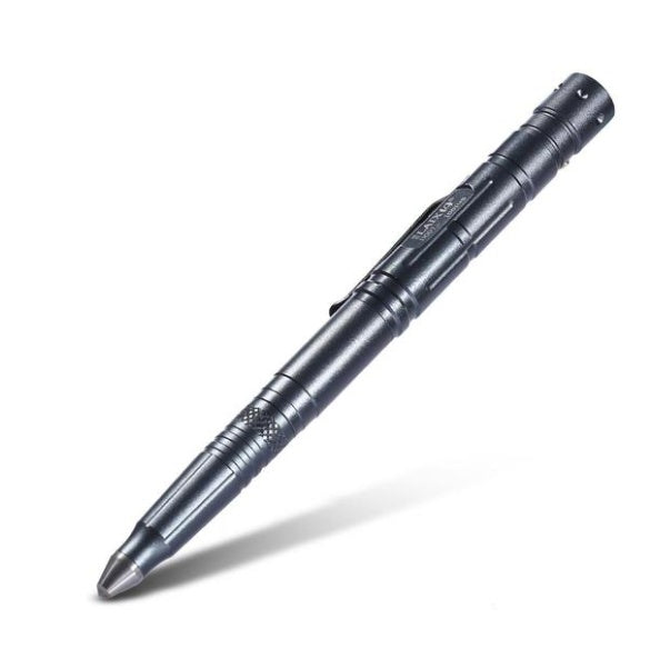 Multifunctional EDC tactical pen with LED and blade, made from aluminum alloy, ideal for outdoor use and emergencies.