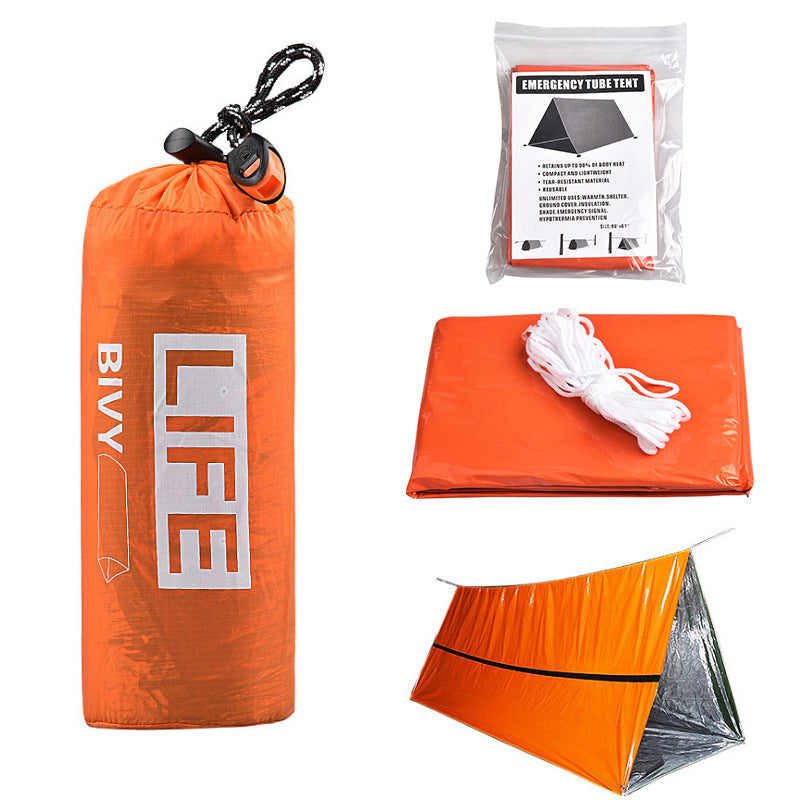 Ultra Light Emergency Single Layer Tent with orange outer bag, ropes, and PE aluminum film material setup.