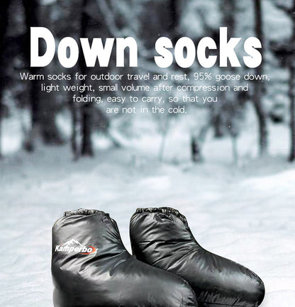 Kamperbox Down Socks for camping, lightweight and ultra-warm, ideal for sleeping bags and outdoor comfort.