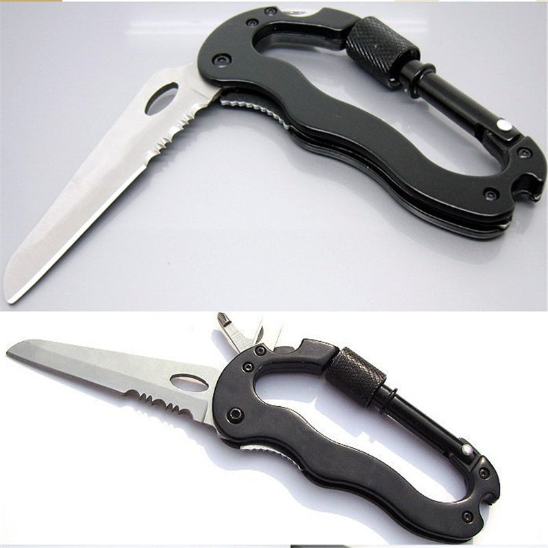 Multifunctional EDC carabiner with blade, tactical pen, screwdriver, and saw, black aluminum alloy, compact and practical design.