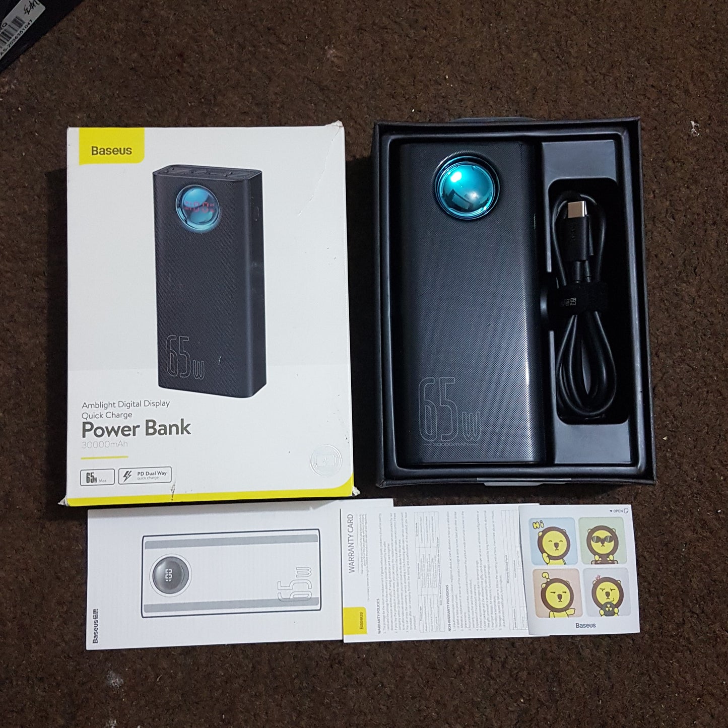 Baseus BS-30KP365 Amblight Digital Display Quick Charge Power Bank 30000mAh 65W with packaging and accessories.