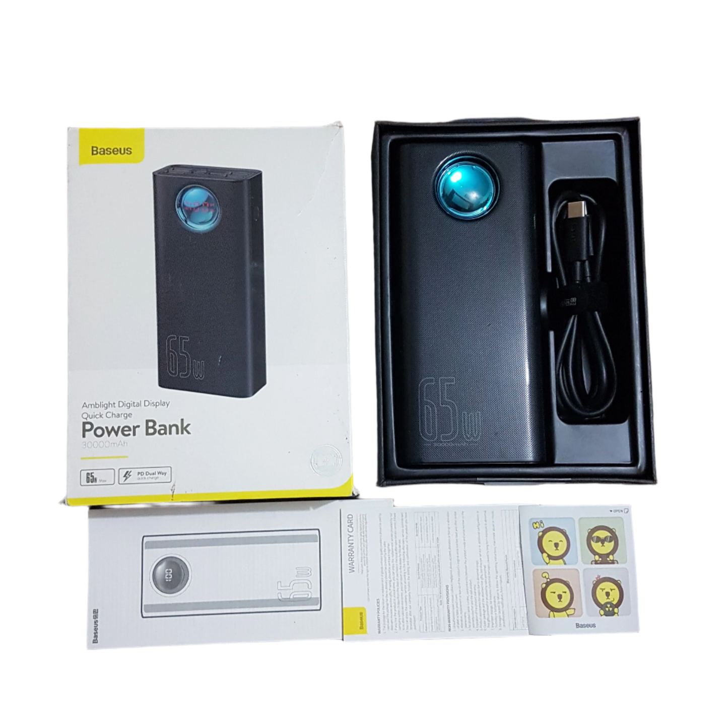 Baseus BS-30KP365 Amblight Power Bank 30000mAh 65W with packaging and accessories displayed