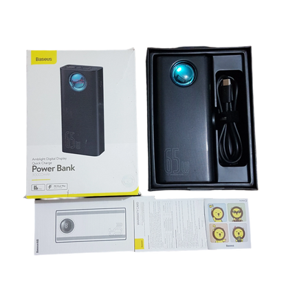 Baseus BS-30KP365 Amblight Power Bank 30000mAh 65W with packaging and accessories displayed