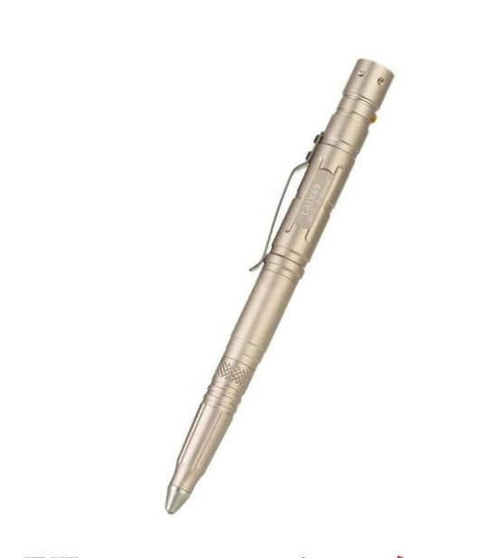 Multifunctional EDC tactical pen with LED and blade, made from aluminum alloy, ideal for versatile everyday carry tasks.