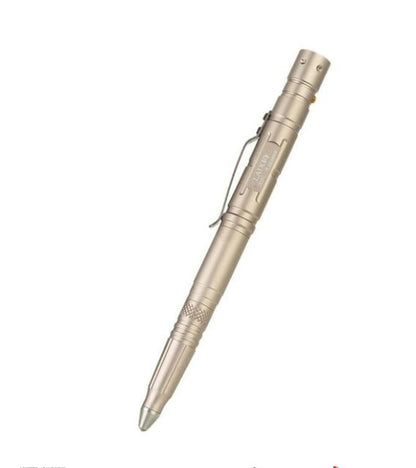 Multifunctional EDC tactical pen with LED and blade, made from aluminum alloy, ideal for versatile everyday carry tasks.