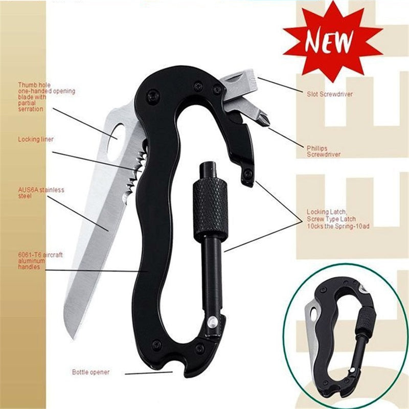 Multifunctional EDC carabiner with tactical pen, blade, screwdrivers, bottle opener, black aluminum alloy design.