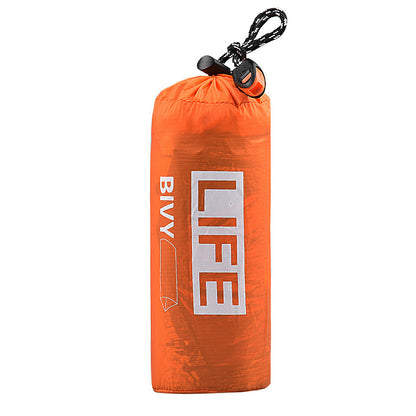 Ultra Light Emergency Tent packed in orange outer bag with "LIFE BIVY" text and drawstring closure, ideal for adults.