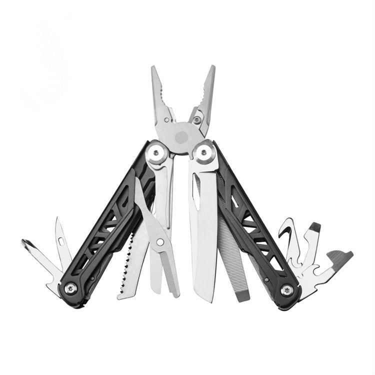 11 in 1 Folding Stainless Steel Saber multitool with non-slip grip featuring pliers, screwdrivers, saw, and other tools for outdoor use.