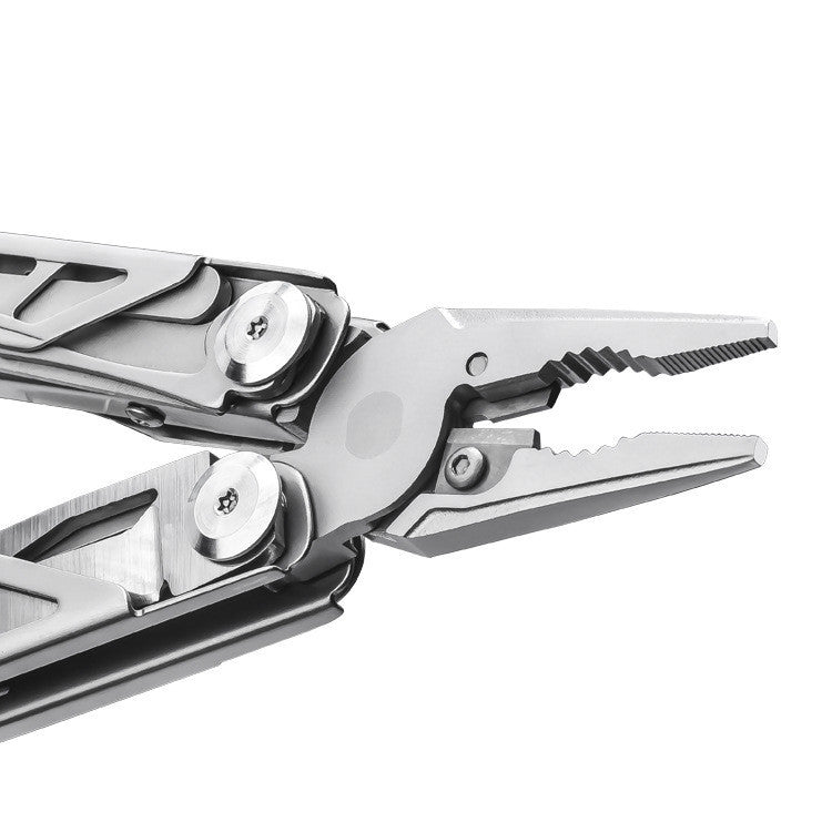 Close-up of 11 in 1 Folding Stainless Steel Saber multitool with pliers, non-slip grip, HRC78K hardness, 420 steel, ideal for outdoor adventures.