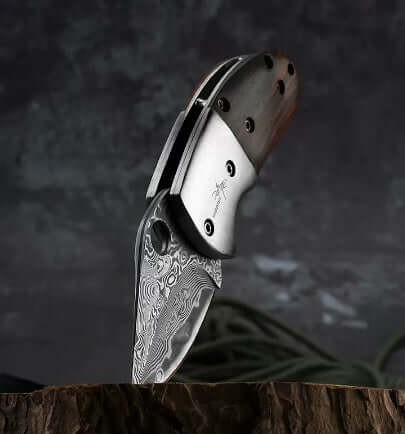 Mini Damascus Steel Folding Knife with CNC Water Grinding and Red Sandalwood Handle