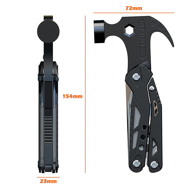 2cr13 Multi Functional Camping Claw Hammer Folding Pliers with dimensions 154mm x 23mm x 72mm, black stainless steel and aluminum alloy handle