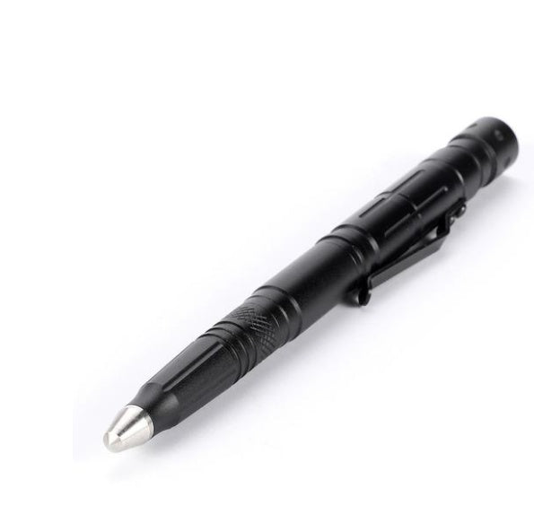 Multifunctional EDC tactical pen with LED light and blade, made of durable aluminum alloy, ideal for outdoor and emergency use.