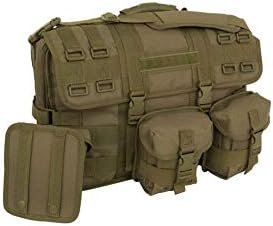 Coyote brown tactical laptop carry bag with MOLLE pouches and durable construction.