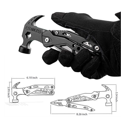 Multi tool folding pliers with 2cr13 stainless steel, shown in a gloved hand with dimensions, used for outdoor activities and camping.