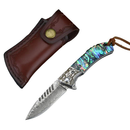 Damascus Steel Folding Knife with Leather Case, 6.8cm Blade, 16cm Full Length, 9cm Handle, Stainless Steel Blade, Artistic Handle