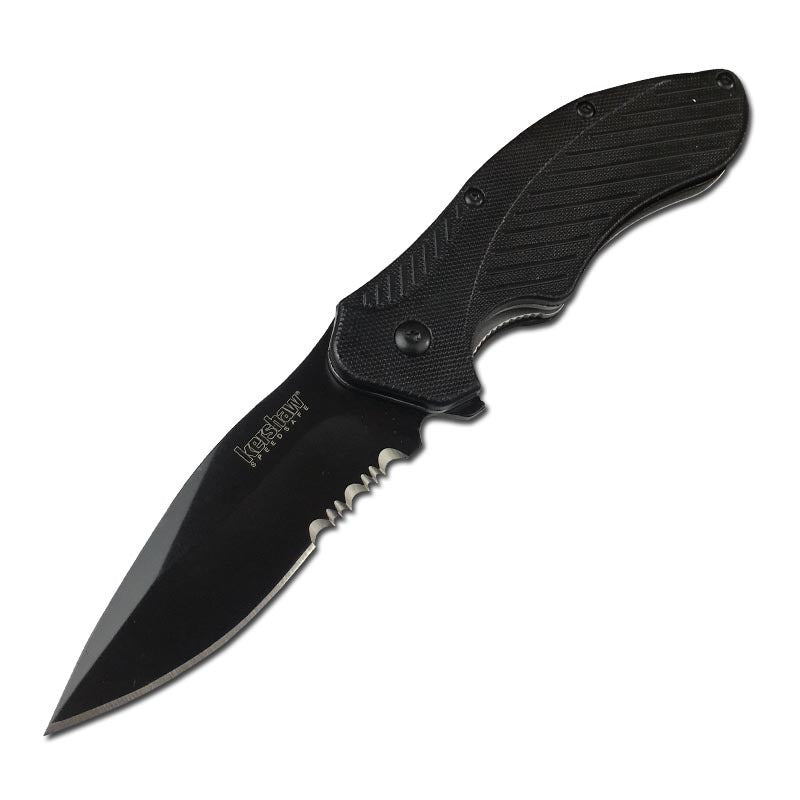 8CR13MOV survival folding knife with 57HRC hardness, black blade, and ergonomic handle designed for outdoor and emergency use.