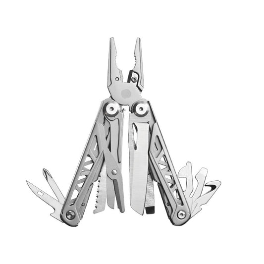 11-in-1 Folding Stainless Steel Saber multitool with pliers and various tools designed for camping and hiking.