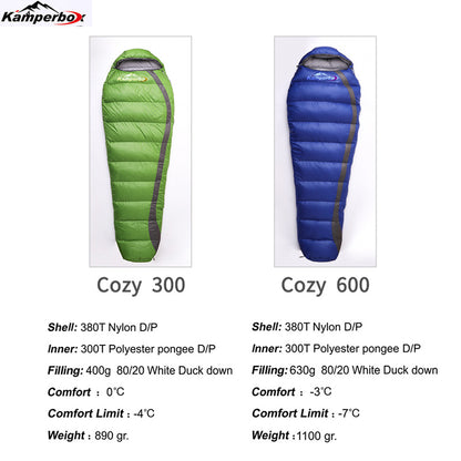 Green and blue Kamperbox down sleeping bags, Cozy 300, and Cozy 600, with specs on shell, inner materials, filling, comfort, and weight.