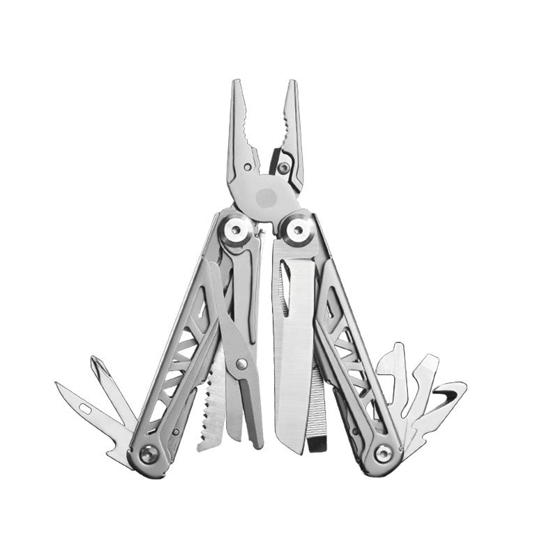 11-in-1 Folding Stainless Steel Saber multitool with various functions, including pliers and knife blades, ideal for camping and outdoor use.