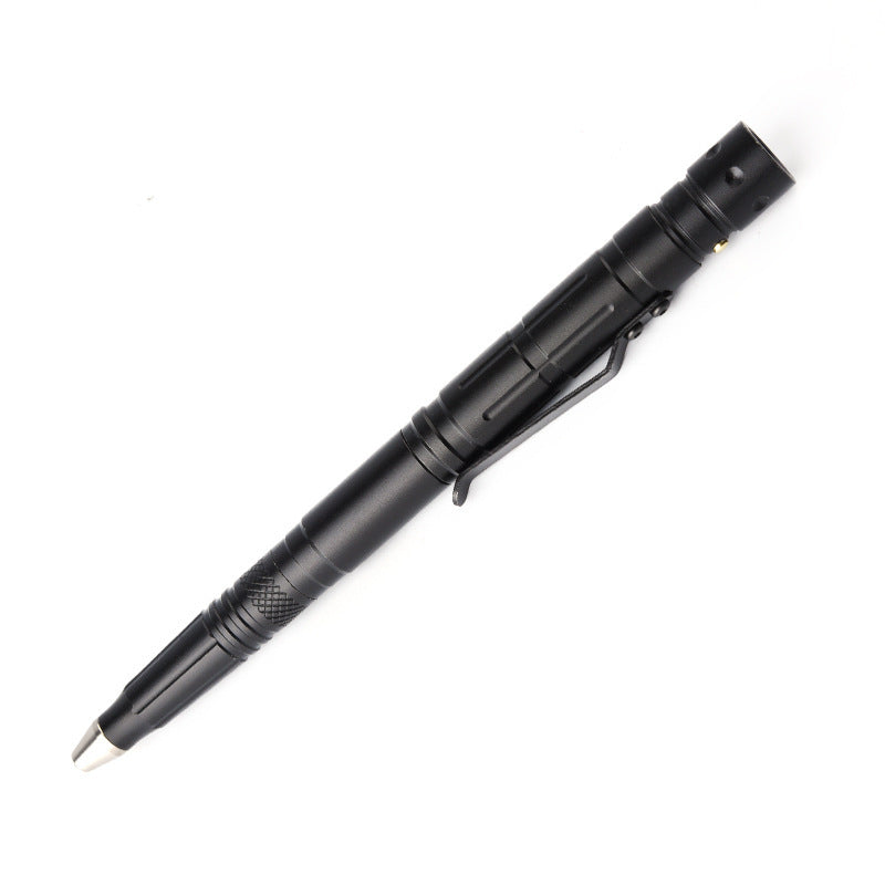 Multifunctional EDC tactical pen with LED and blade, aluminum alloy, battery powered, ideal for versatile use and self-defense.