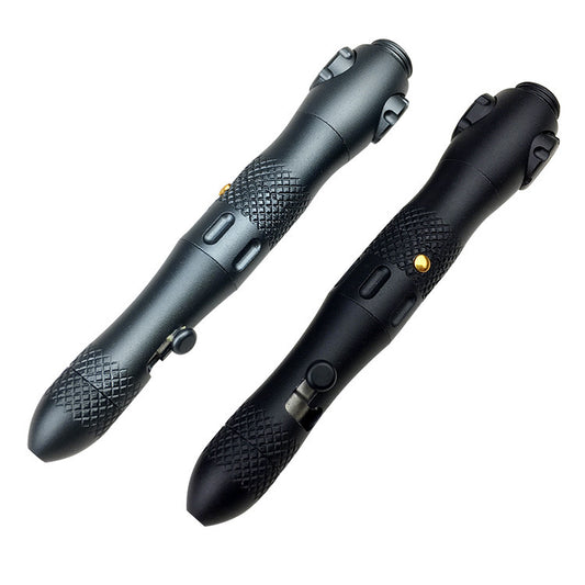 Black and grey EDC tactical pens with fingertip gyro, made from 6061 aluminum alloy, featuring high-quality ballpoint refills and LED light.