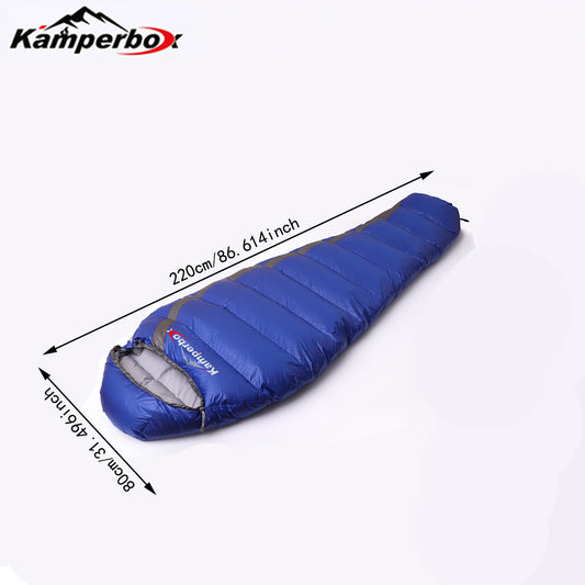 Kamperbox Cozy 600 duck down sleeping bag, blue, 220cm size, lightweight, ideal for cold-weather camping, with compression sack.